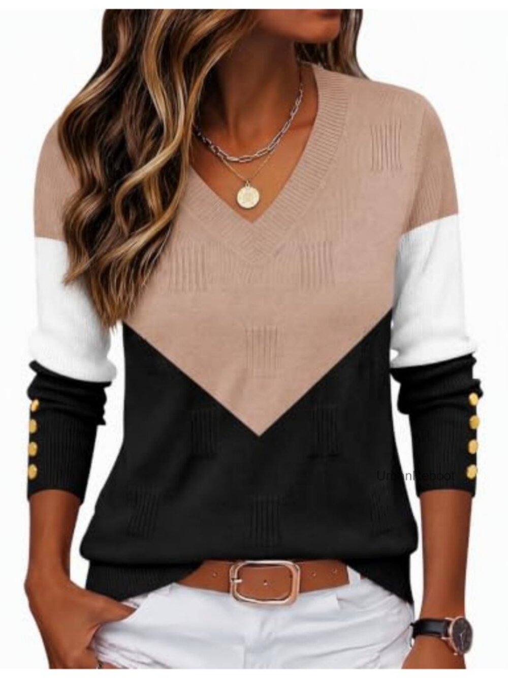 V Neck Pullover Sweater Long Sleeve Lightweight Ribbed Knit Button Cuffs